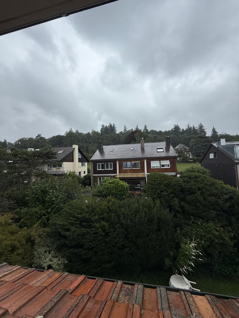 Aerial view of a neighborhood with several houses, surrounded by trees and greenery, under a cloudy sky.