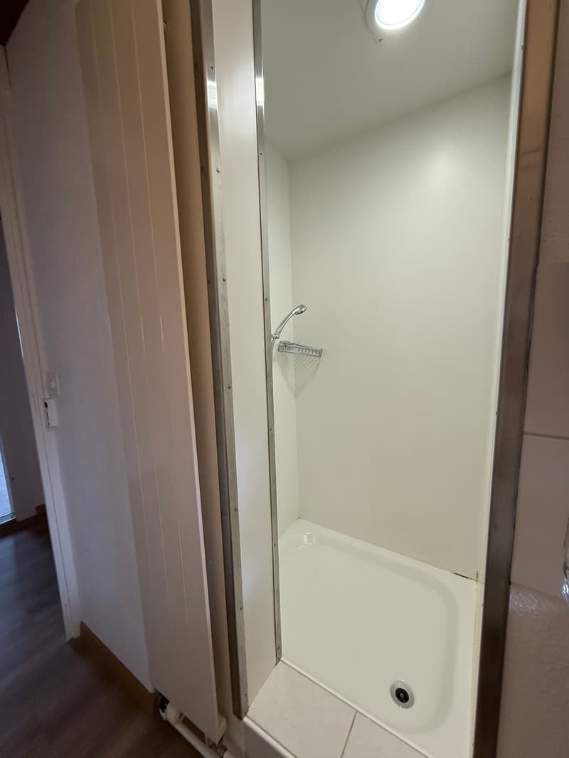 small shower room with white tiles, silver shower head, white walls, wooden floor