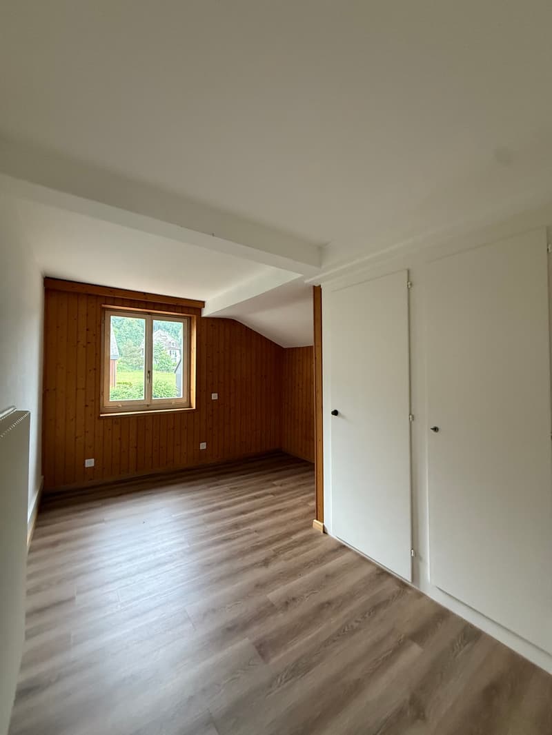 empty room, wooden walls, wooden floor, window, white doors