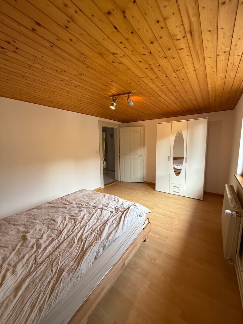Spacious bedroom with wooden floor, white walls, and wooden ceiling. Features a bed, a white wardrobe with a mirror, and a radiator.