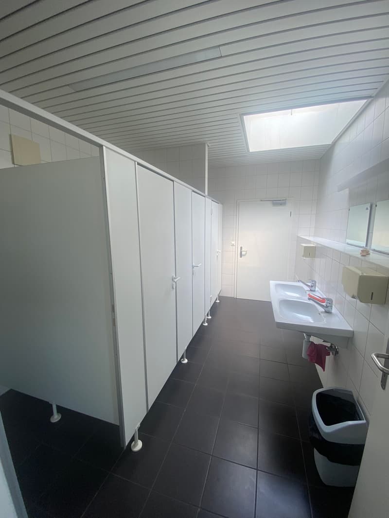 white tiled walls, black floor tiles, urinals, sinks, toilet cubicles, white door, mirror, tissue dispensers, waste bin, skylight