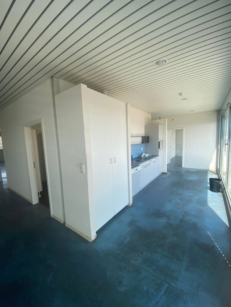 Empty room with white walls, blue floor, white cabinets, open door, modern kitchen with dishwasher and sink, windows