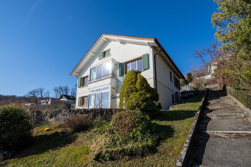 Detached house, white exterior, green shutters, 3 stories, steps to the entrance, greenery in the front