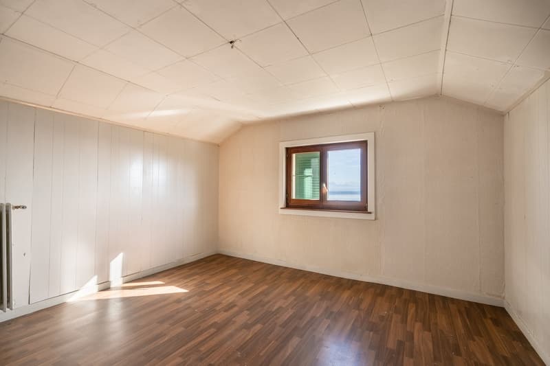 empty room, white walls, wooden floor, window with view