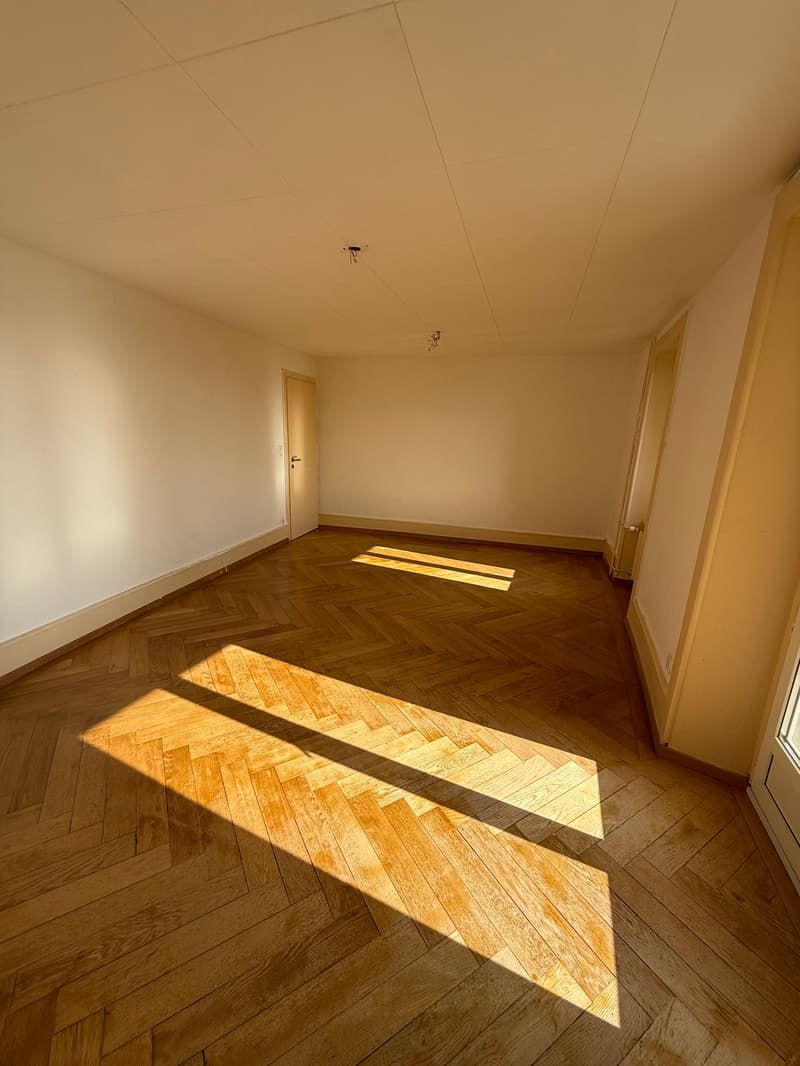 empty room, parquet flooring, white walls, sun rays