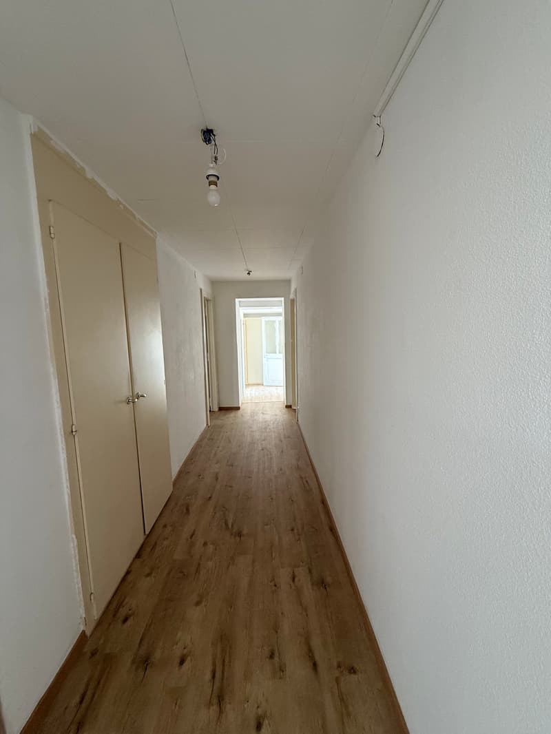 long hallway, wooden floor, white walls, closed doors