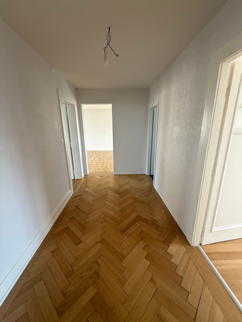 Empty hallway with wooden parquet flooring, white walls, and doors leading to other rooms.