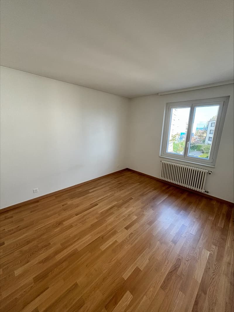 empty room, wooden floor, white walls, window, radiator