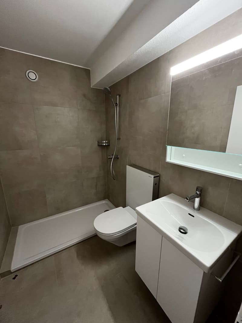 modern bathroom with white bathtub, white toilet, white sink, mirror, shower head, and tiled walls