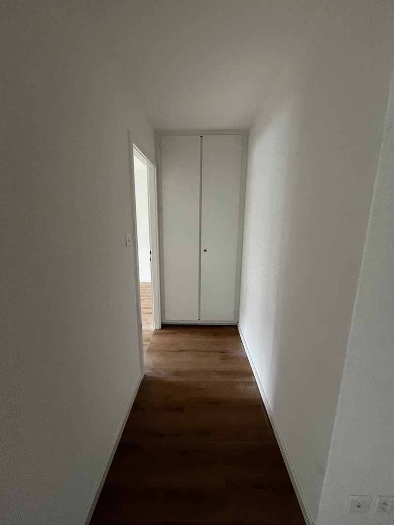 Empty hallway with wooden floor, white walls, and a double closet