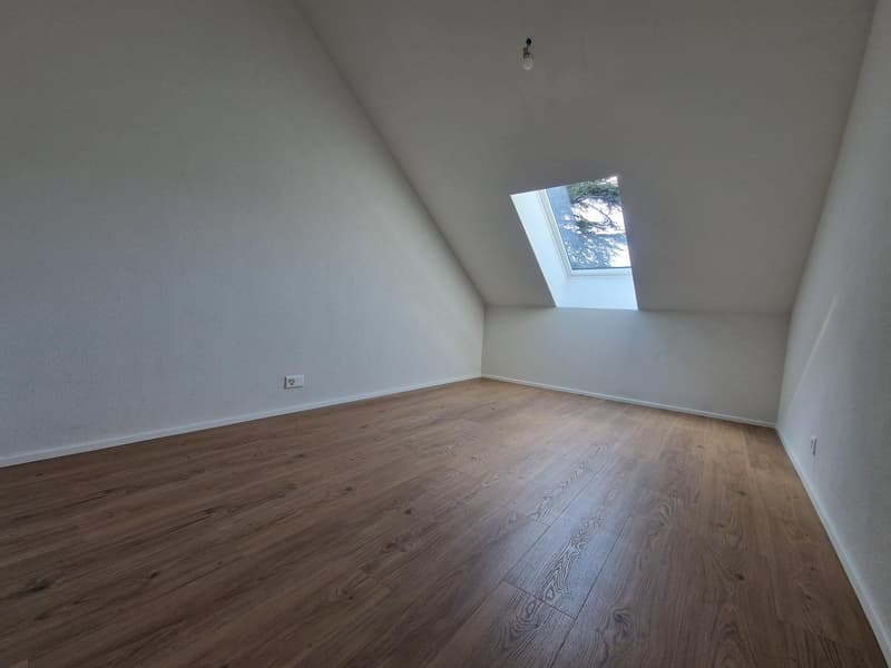 empty room, wooden floor, white walls, skylight, power outlet