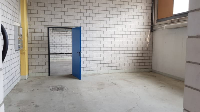 Empty room, white brick walls, floor drain, open door