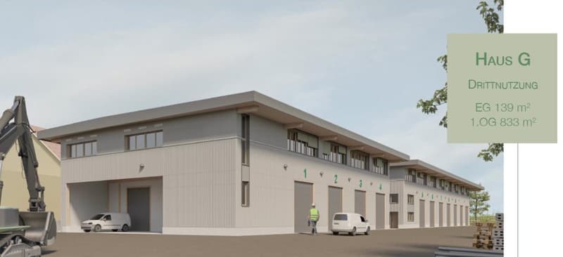 Large multi-purpose building with 6 garages, windows, flat roof, exterior design