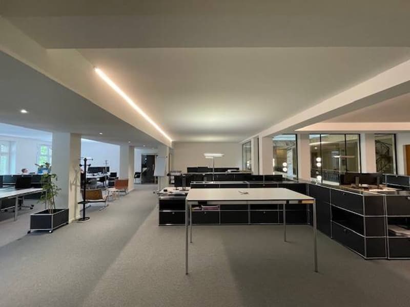 large open space with desks and chairs, modern and clean, multiple large windows