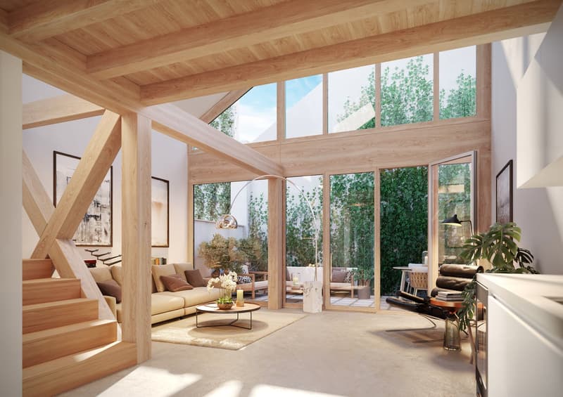 wood beams, living room with couch, rug, coffee table, floor lamp, sliding doors with garden view
