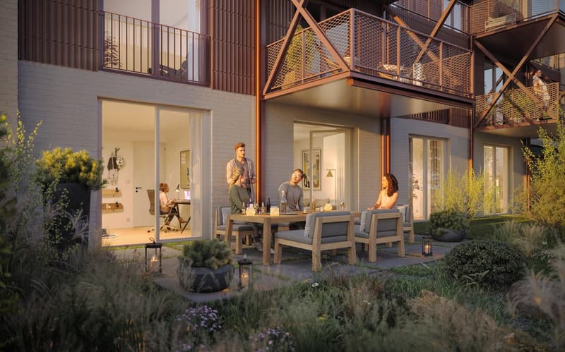 Residential building with balconies, dining table and chairs in garden, potted plants, open sliding doors, people relaxing, people working indoors