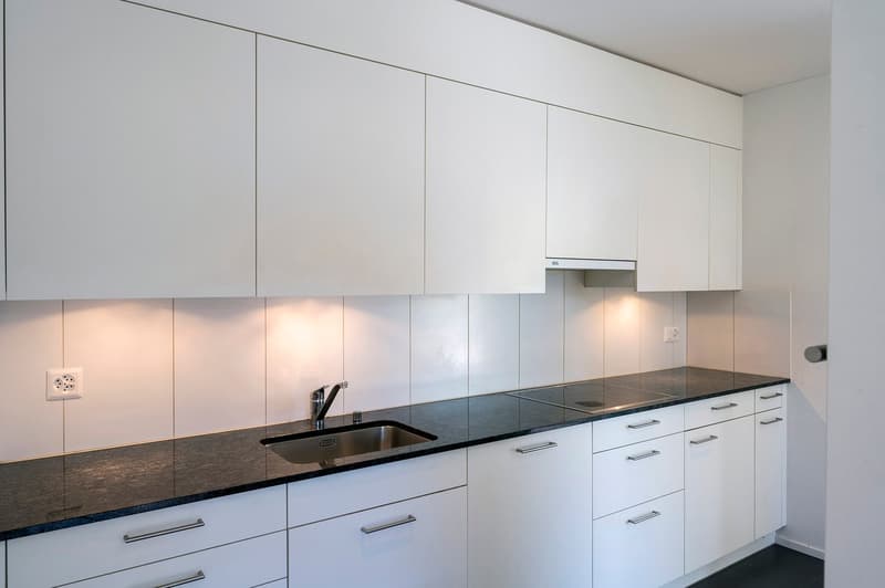 Modern kitchen with sleek white cabinets, black granite countertops, stainless steel sink, integrated appliances, and ample storage space.