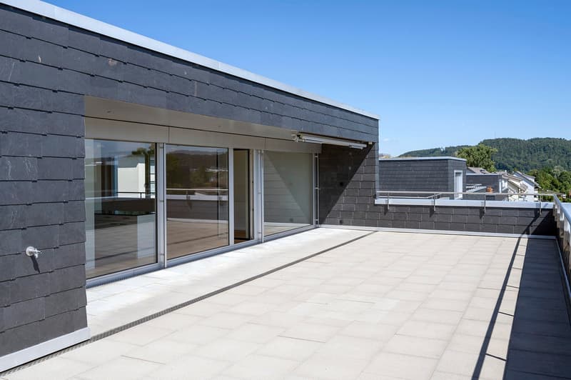 tiled roof terrace with railings, glass walls and sliding doors