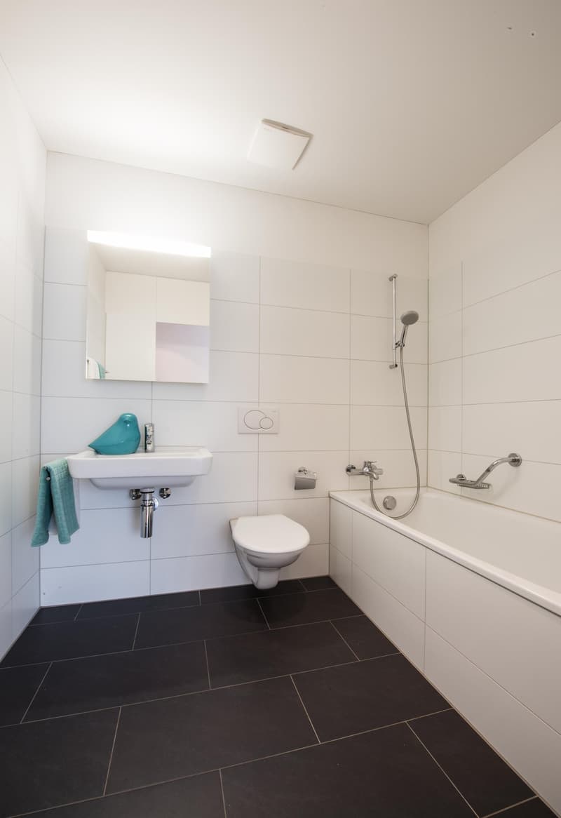 all white walls and floor, modern bathtub, separate toilet, sink with mirror