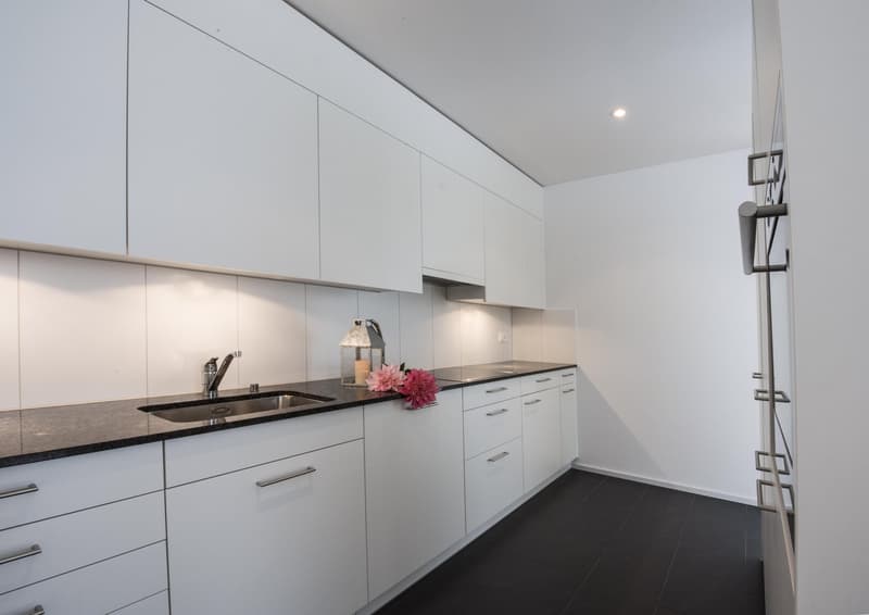 modern white kitchen with granite countertops, stainless steel appliances, recessed lighting, and a large sink