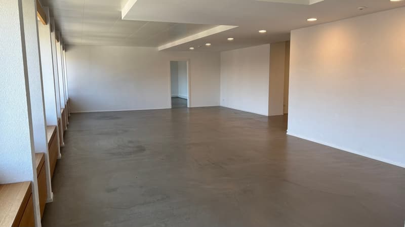 Empty room with concrete floor, white walls, and ceiling with recessed lighting
