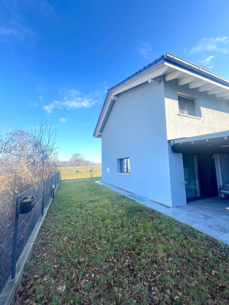 modern house, white walls, grey roof, glass entrance, paved driveway, fenced lawn, and car in garage