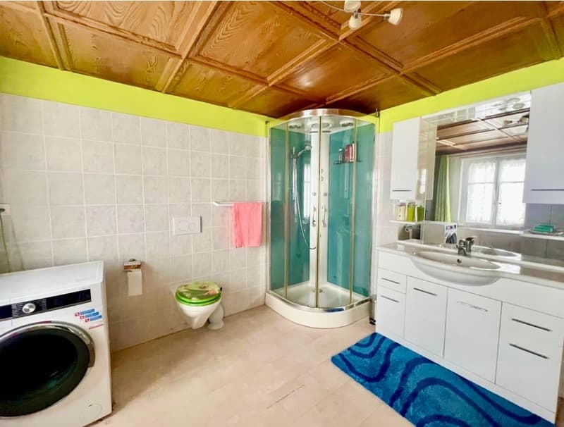 tiled walls, wooden ceiling, shower, sink, toilet, washing machine