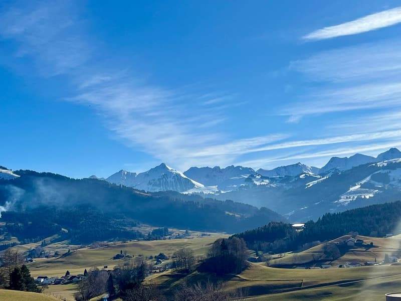 Mountain landscape with snow-capped peaks, green fields, and scattered houses