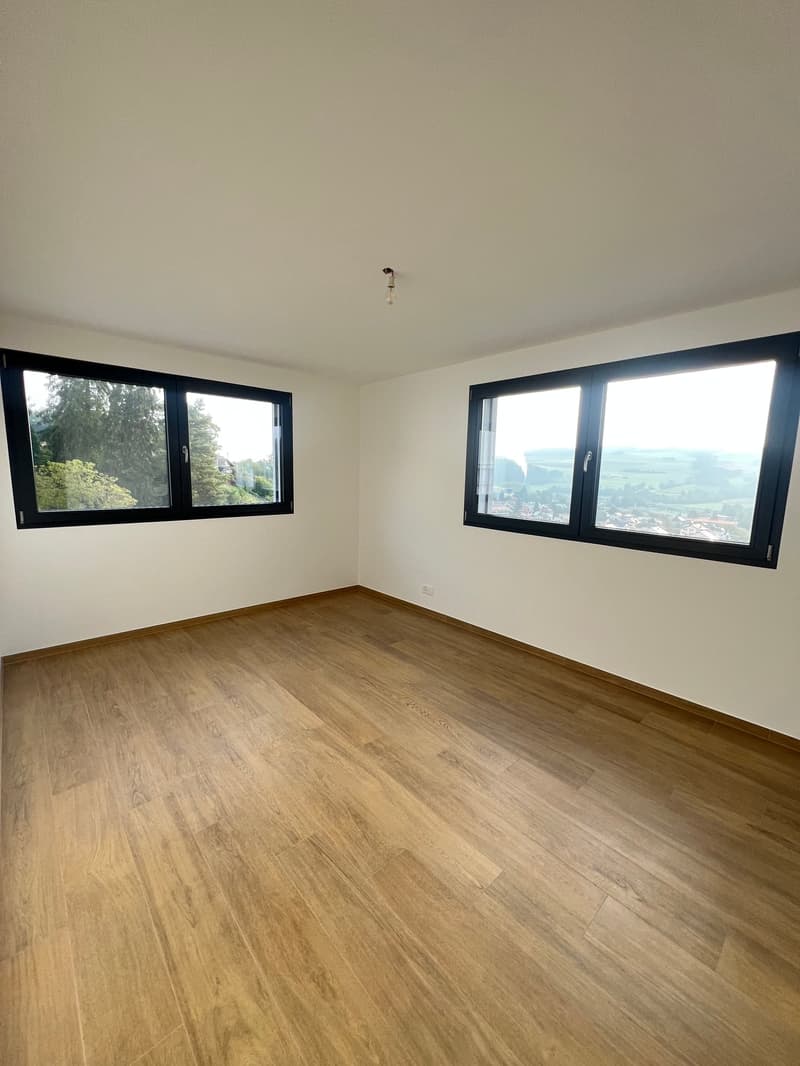 empty room, wooden floor, white walls, two large windows, view of the outside