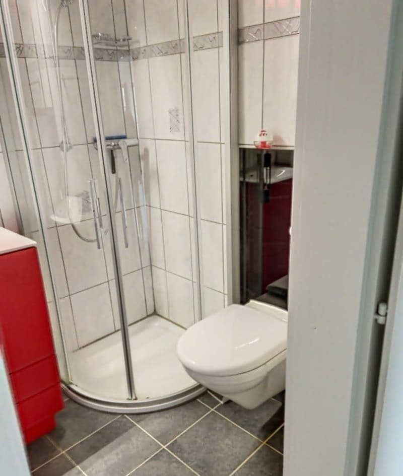 Bathroom with shower, toilet, sink, red cabinet, tiled floor