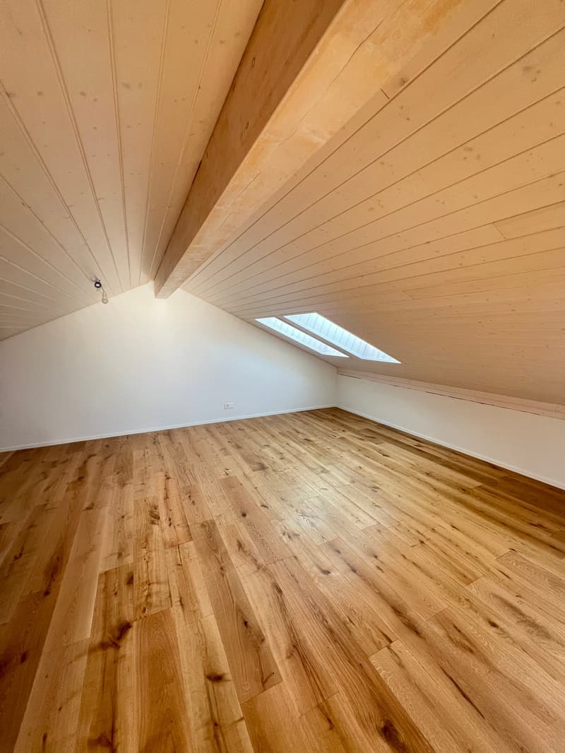empty room, wooden floor, wooden ceiling, skylights