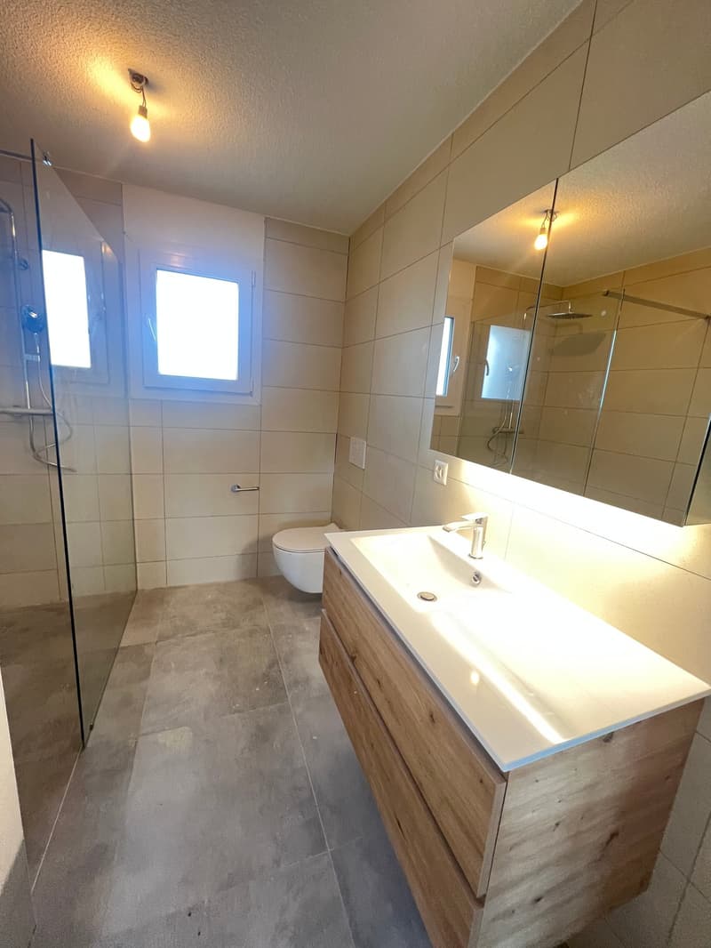 modern bathroom with shower, toilet, sink, mirror, wooden cabinet, tiled floor, white walls