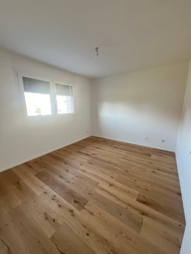 empty room, wooden floor, white walls, two windows, power outlets