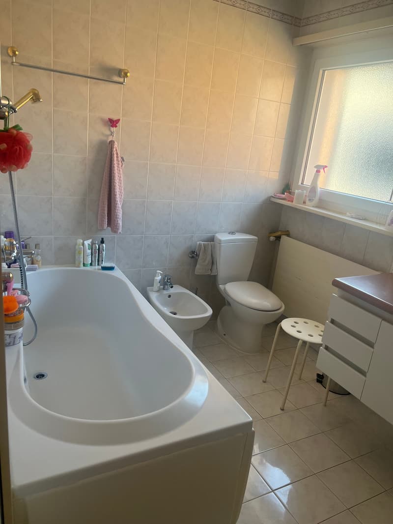 The image shows a bathroom with a large bathtub, a toilet, a bidet, and various bathroom accessories and toiletries. The walls are tiled in a light color, and there is a window that provides natural light. The bathroom appears to be well-equipped and main
