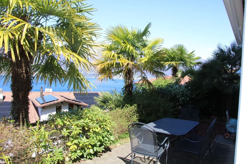 The image shows a lush, tropical garden with palm trees, shrubs, and a small patio area with a table and chairs. The garden overlooks a body of water, likely a lake or ocean, with a clear blue sky in the background.