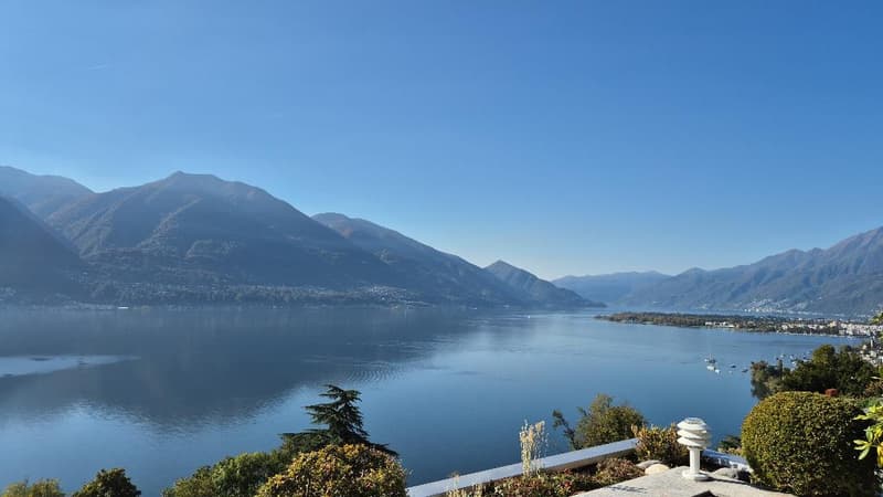 mountain view, lake, trees, clear blue sky, horizon with distant town