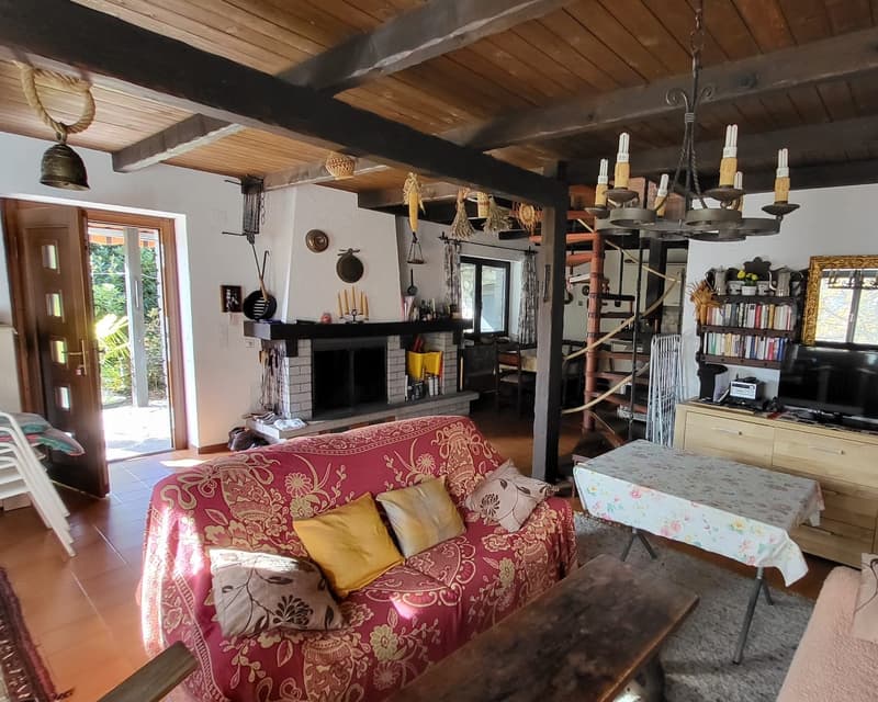 Fireplace, wooden ceiling, red couch, wooden table, carpet, TV, bookshelf