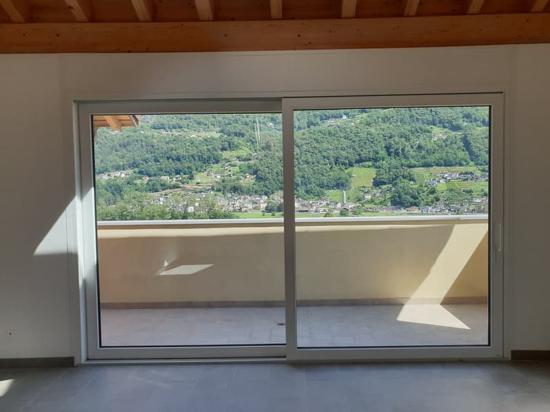 sliding doors, balcony, large window, tiled floor, wooded ceiling, scenic view