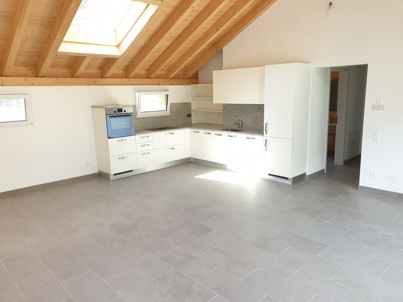Kitchen with modern design, wooden beams ceiling, white cabinetry, granite countertop, integrated oven and sink