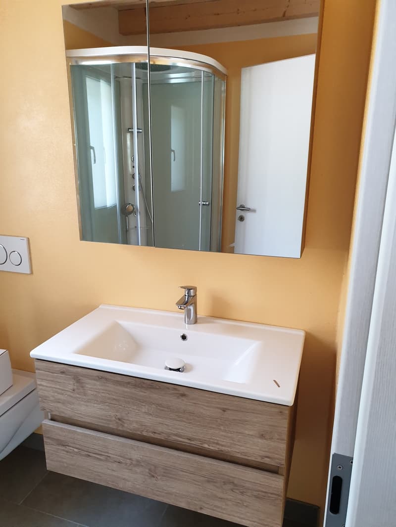 modern bathroom with yellow walls, white sink, glass walk-in shower with silver faucet and shower head, mirror, white wooden cabinet with two drawers, toilet in the corner