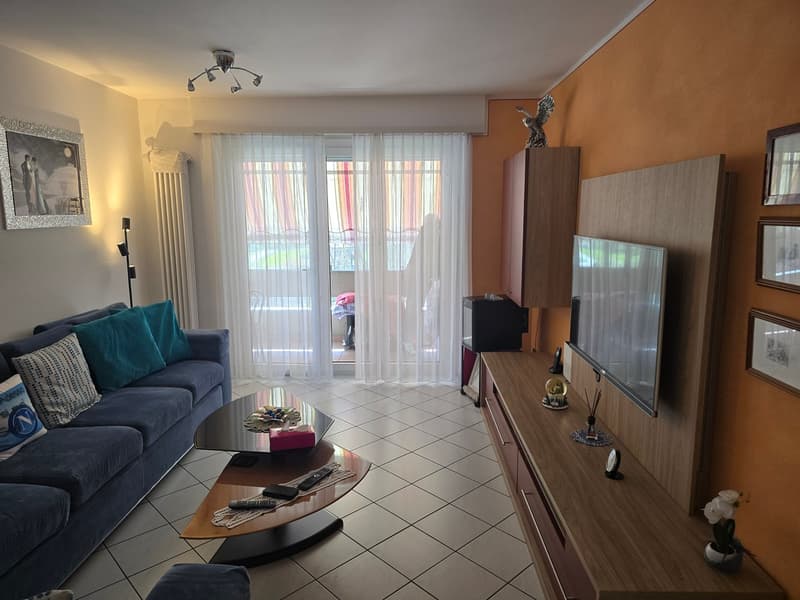 living room with couch, coffee table, TV, and large windows