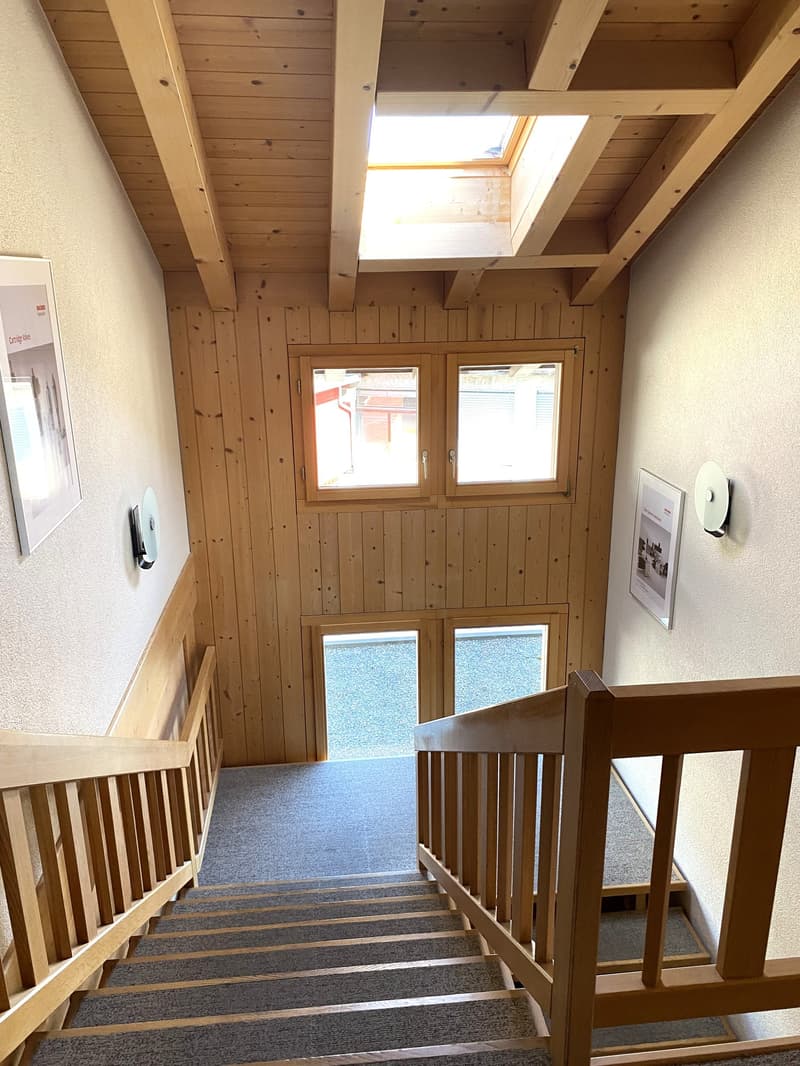 wooden staircase, wooden handrails, carpeted steps, wooden ceiling, windows