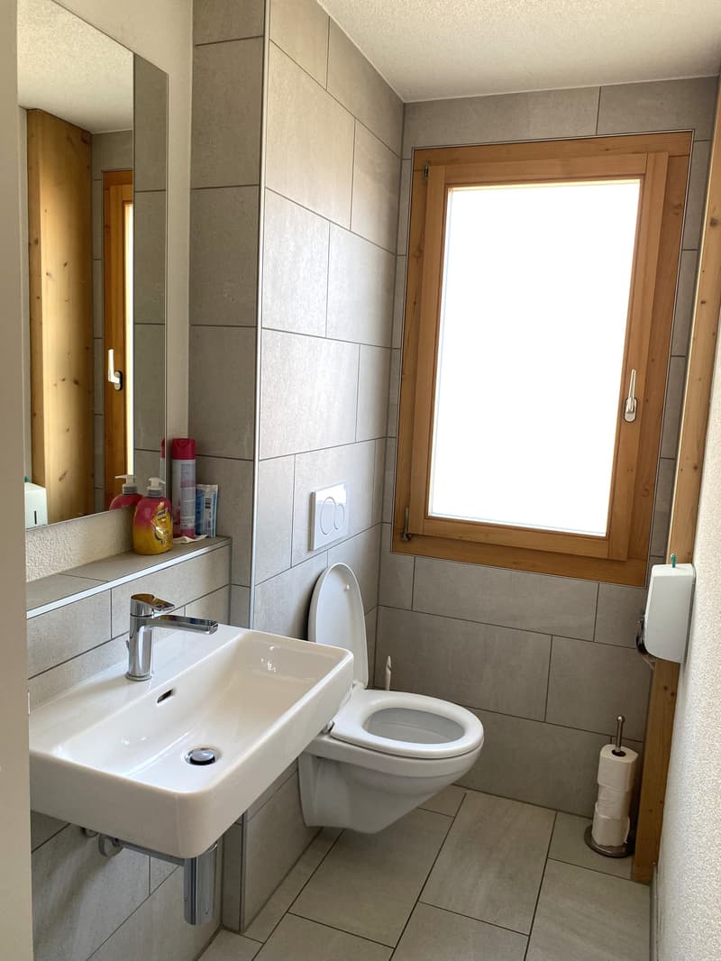 Bathroom with white sink, toilet, mirror, and window