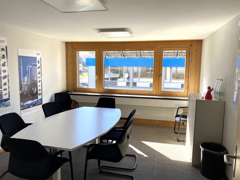 conference room with a large table, chairs, windows, and a cabinet