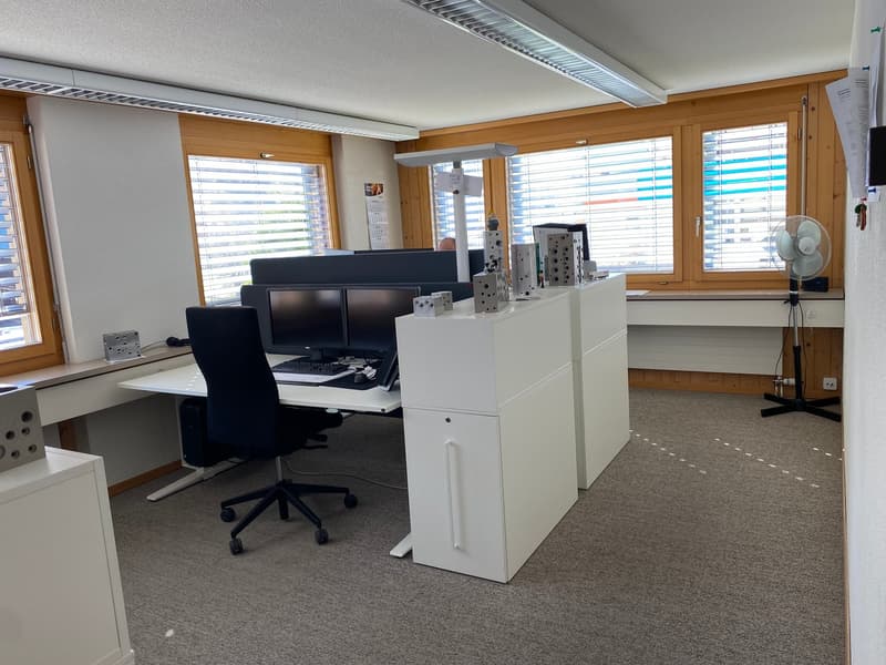 modern office with white desks, black chairs, computer monitors, keyboard, mouse, wooden window frames, ceiling lights, carpeted floor, fan