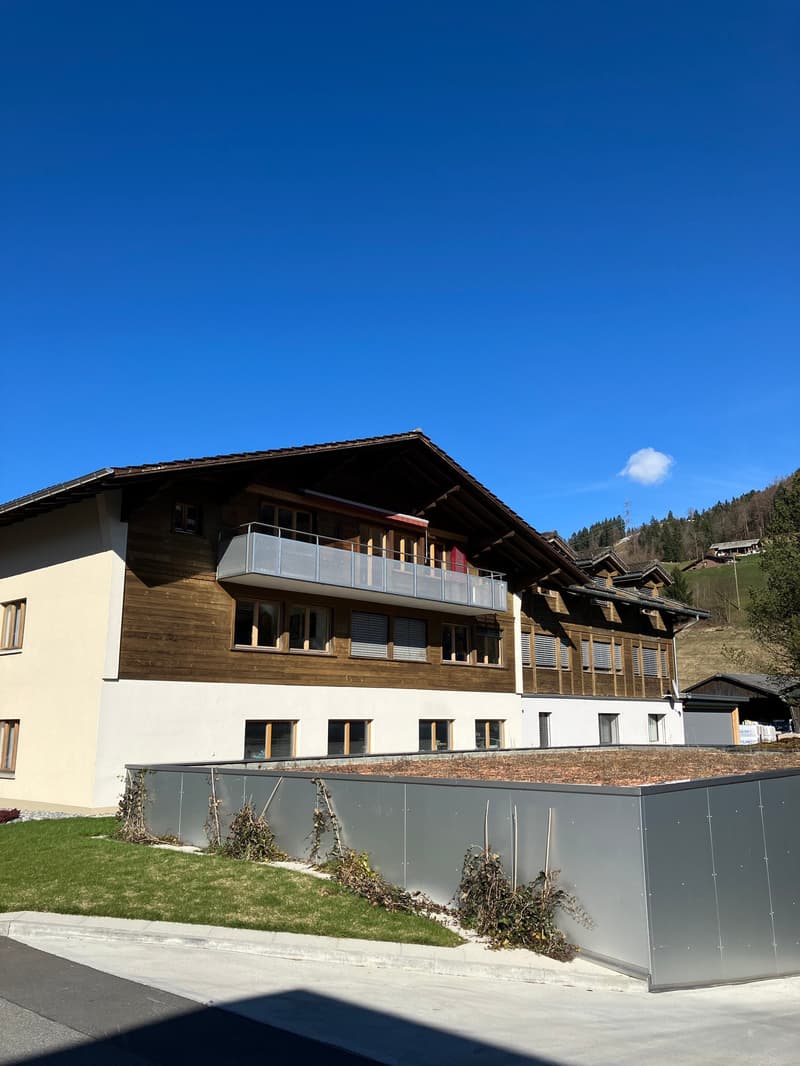 2 story house, brown and white, balcony, green roof, metal fence