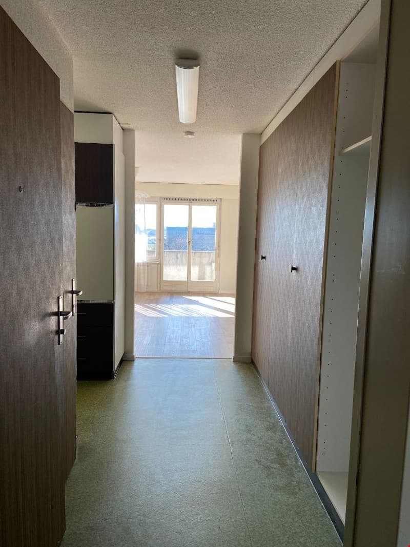 The image shows a hallway with a long, narrow corridor. The walls are covered in a light-colored textured material, and there are several doors along the hallway. The floor is tiled, and there is a large window at the end of the hallway, providing natural