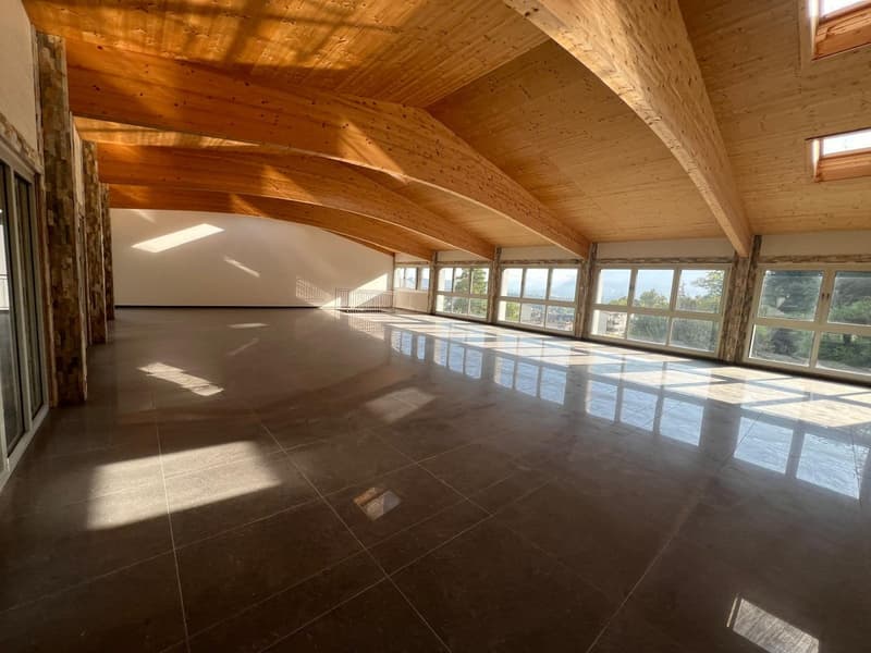 Large open-concept living space with high vaulted wooden ceiling, large windows providing a scenic view, and polished tile flooring.
