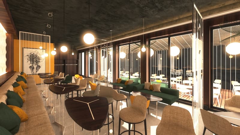 The image shows a modern and stylish restaurant or cafe interior. The space features a mix of seating options, including couches, armchairs, and bar stools, arranged around small tables. The decor is warm and inviting, with wooden accents, pendant lightin