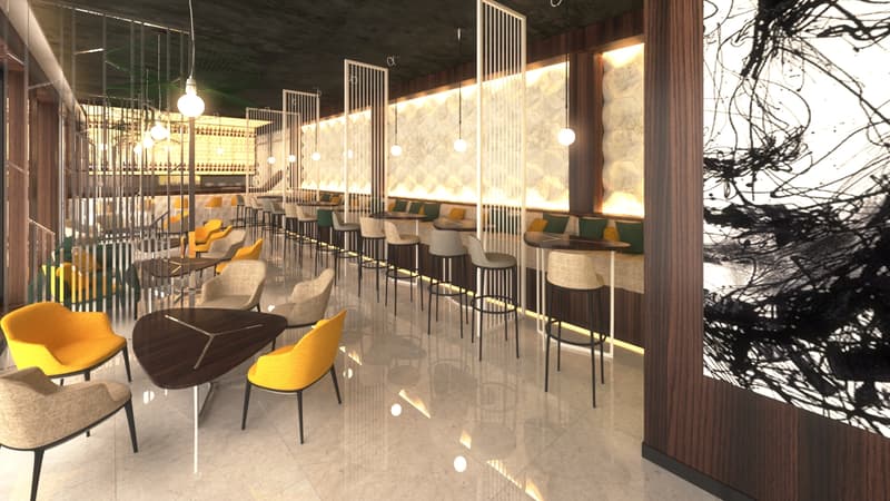 The image shows a modern and stylish restaurant or cafe interior. The space features a large open layout with high ceilings, wooden accents, and a stone feature wall. There are rows of comfortable seating options including armchairs and bar stools, as wel